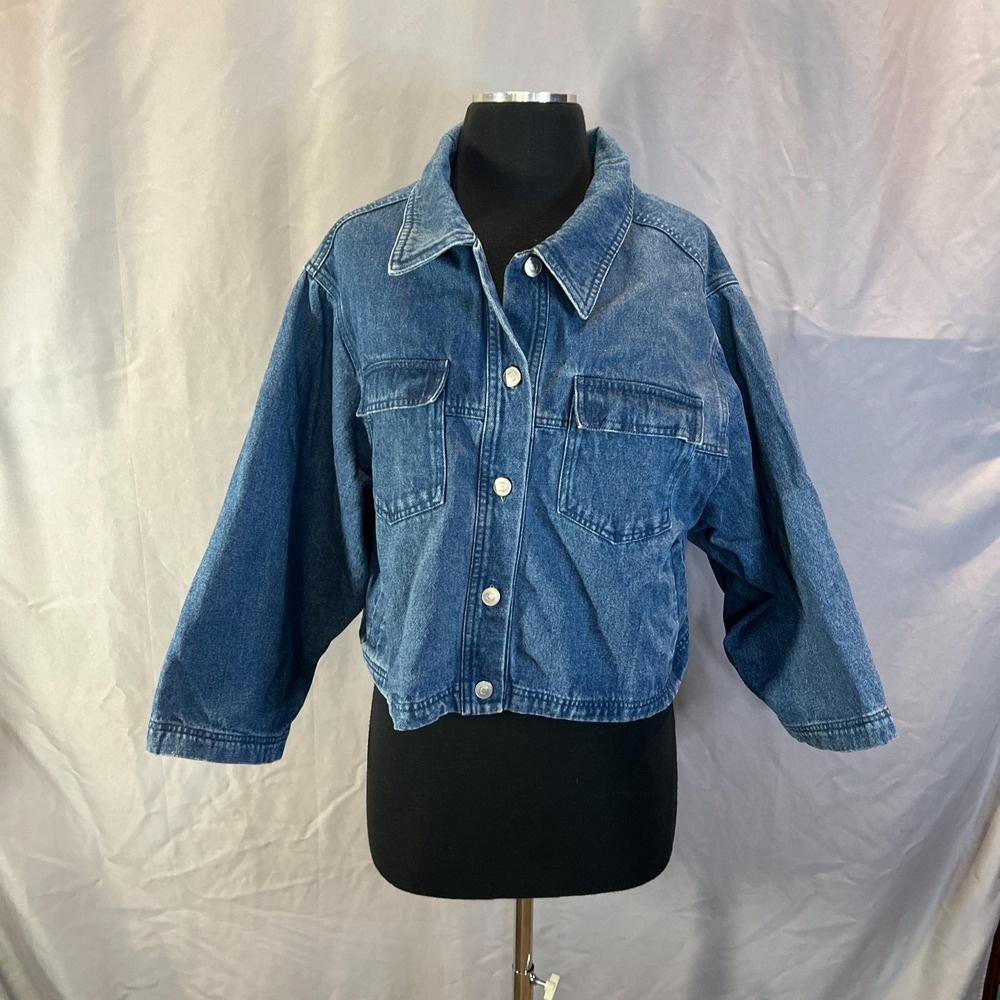 Zeeree Trucker Jacket Womens Medium Blue Denim Cotton Collared Crop Button Front